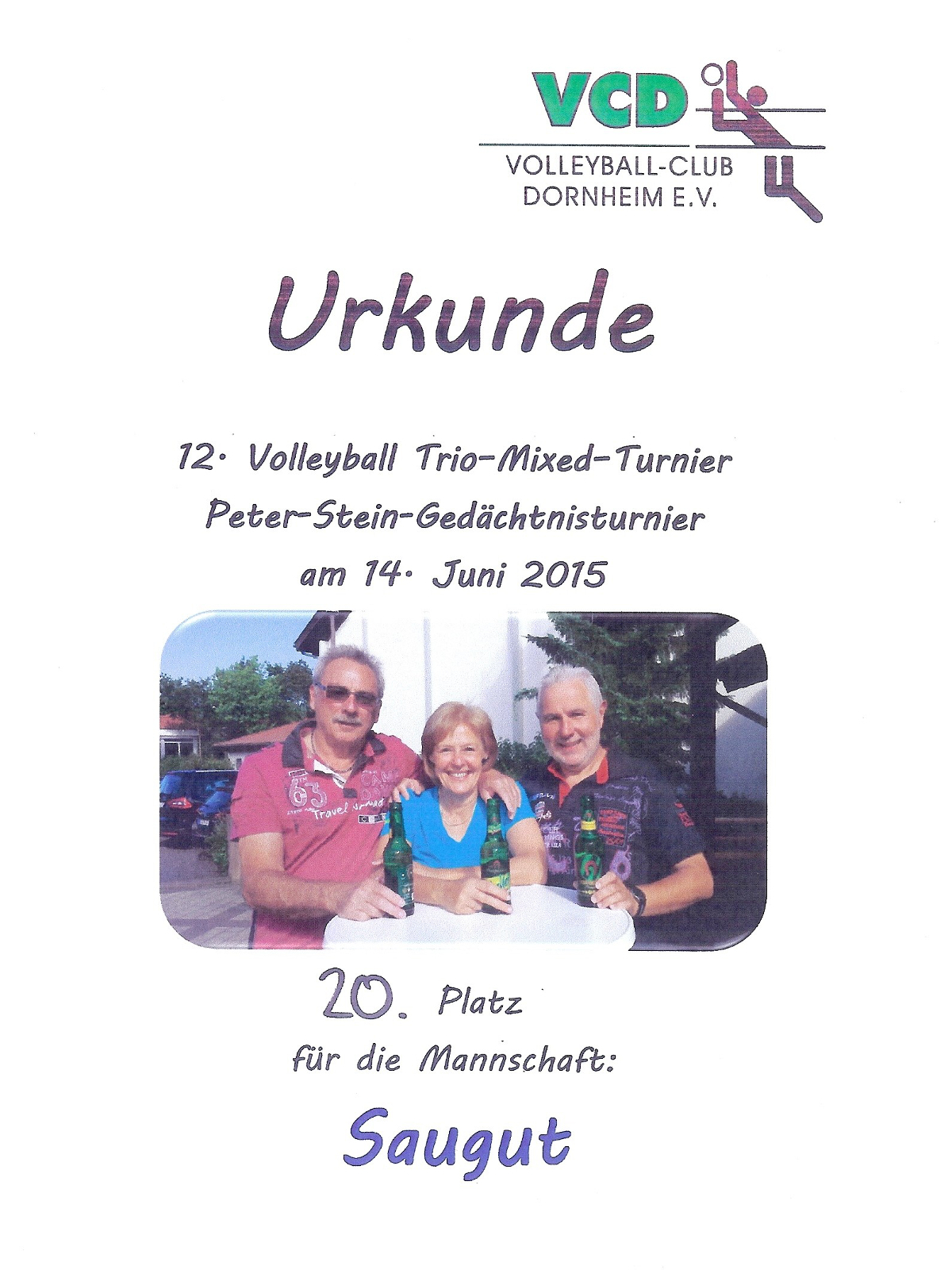 Urkunde VCD Trio-Mixed Hallenturnier 2015